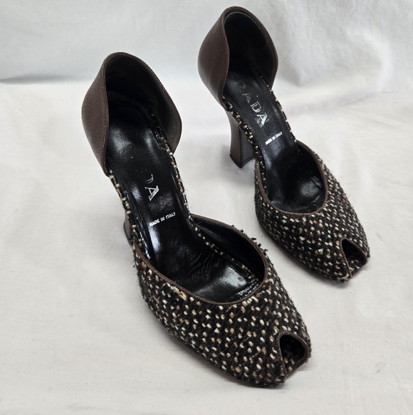 Vintage PRADA Women's 38 Brown Tweed Leather Peep Toe D’Orsay Heels Pumps *Flaw* - Picture 2 of 10